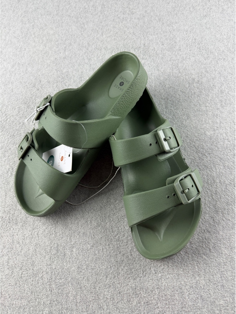 Shade & Shore Neida EVA Sandals Womens 9 Olive Green Double Buckle Slides NWT